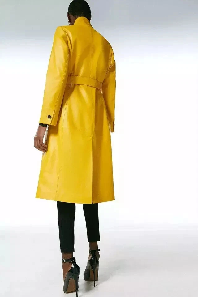 Gabardina Piel de Cordero Diseñador Elegante Mujer Cuero Largo Invierno Amarillo Fiesta Foto 2 de 4