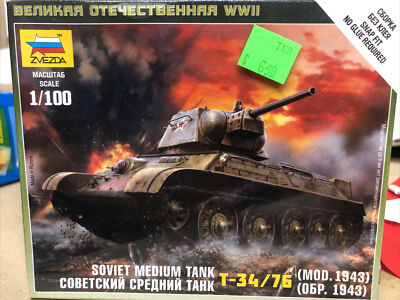 Zvezda 6159 1/100 (15mm) Soviet T-34 Tank Snap Kit Flames of War, etc