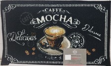 TEXTURED PRINTED KITCHEN RUG 18"x30" DELICIOUS COFFEE CUP, MOCHA,black,rec.,AH
