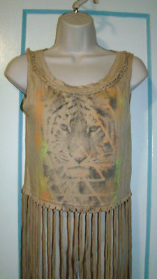 Miss Me Tiger Print Hippie Festival Tank Fringe Hem NWT size Small