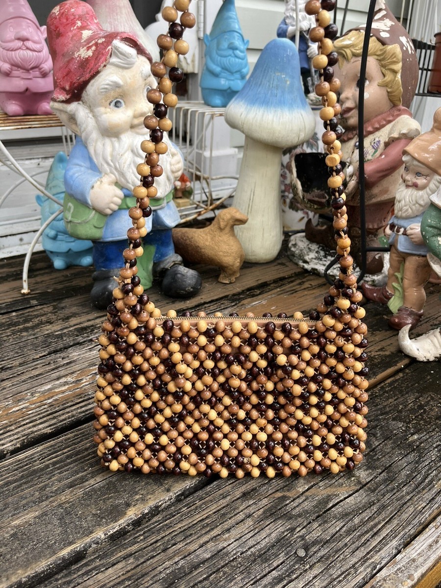 【完売品】Ameri vintage L BALL BEADS BAG La Fleur Original Brown Wood Beaded Purse Handbag Bag Lined Vtg