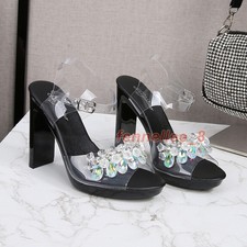 Womens Rhinestone Flowers 11cm Platform Crystal High-Heeled Sandals Party Shoes
