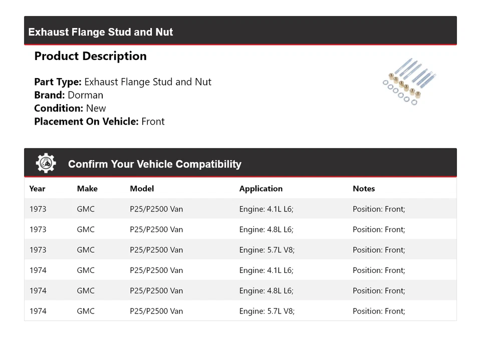 适用于 1973 - 1974 年 GMC P25/P2500 Van Dorman 排气法兰螺柱和螺母正面 — 第 2/4 张图片