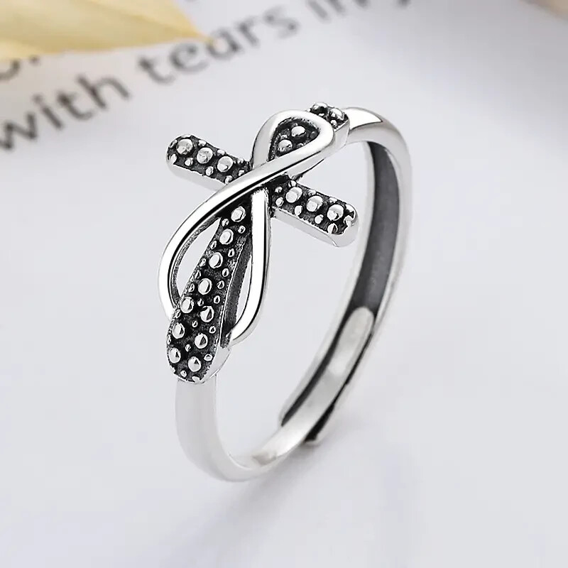 925 Sterling Silver Unisex Adjustable Ring Trendy Cross Plus 