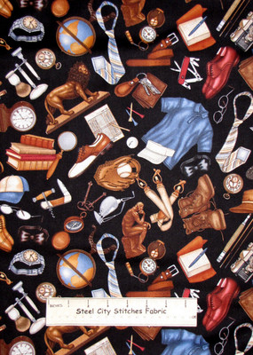 Keys Camera Guitar Tie Globe Toss Black Cotton Fabric RJR Man House By The Yard
