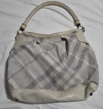 Burberry Checked Gray Nylon Trimmed Smoke Patent Leather Shoulder Hobo Bag