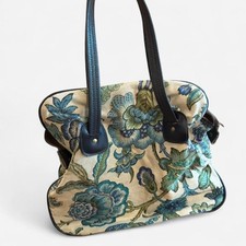 Vintage 60s blue floral canvas tote bag with leather trim