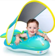 No Flip Over Baby Pool Float with Canopy UPF50+ Sun Protection, Inflatable