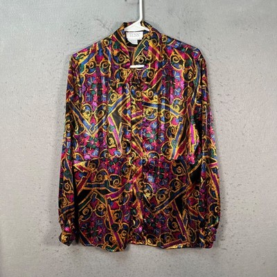 Vintage TESS Womens Size 10 Multicolor Baroque Scroll Print Button-Up Blouse