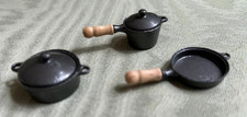 RARE Vintage Dollhouse Metal Cookware Pots/Pans, Wood Handles - Marianne Modelle