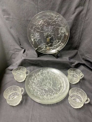 Anchor Hocking Snack Set, 12 Plates & Cups Rainflower Rain Flower Glass In Boxes