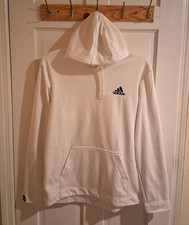 adidas White Logo Pullover Fleece Hoodie Pockets Drawstring Hood Men's M