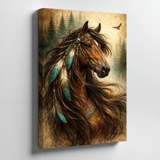 Native American Style Horse Canvas Wall Art Brown Horse Feather Decor Print
