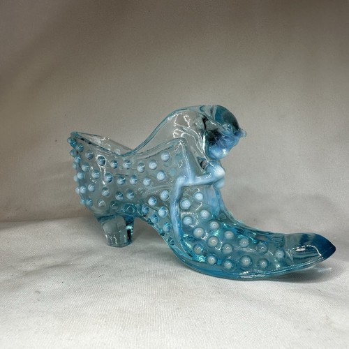 Vintage Fenton Opalescent Hobnail Shoe 6in x 3in MCM Blue Cat Face Glass Slipper