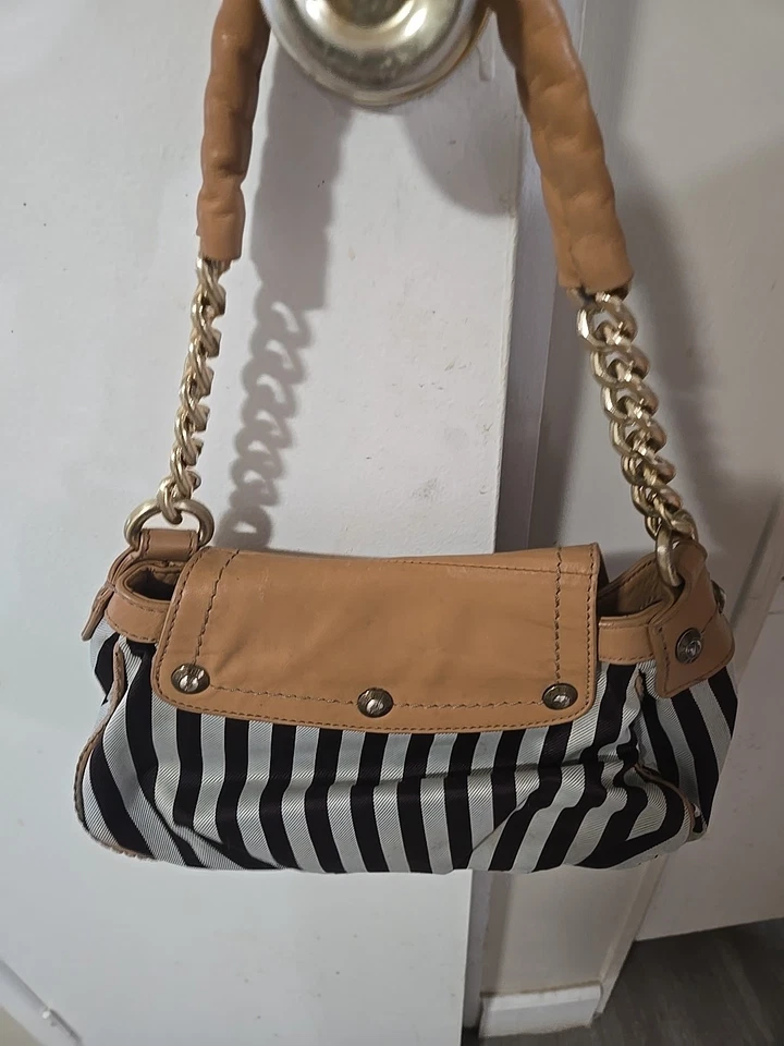 Bolso de mano Henri Bendel 712 5to AVE N.Y. marrón y blanco rayas para mujer borde dorado Foto 2 de 4