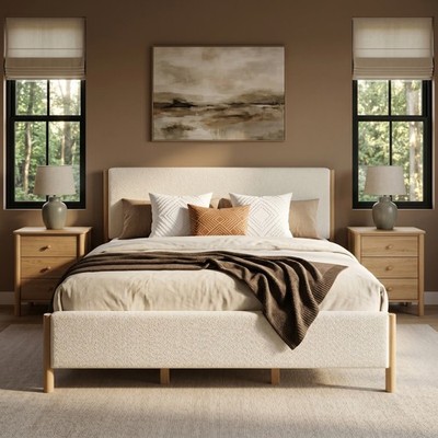 Modern White Boucle Upholstered Bed Frame with Rubberwood Legs, King