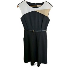 Calvin Klein Womens 6 A-Line Knee Length Career Dress W/ POCKETS Black White Tan