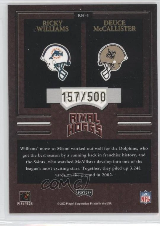2003 Playoff Hogg Heaven Rival Hoggs /500 Ricky Williams Deuce McAllister #RH-4 - Image 2 of 2