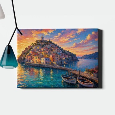 Colorful Coastal Town Canvas Art Sunset Harbor Waterfront Scene
