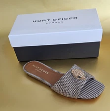 Kurt Geiger London Kensington Flat Sandal Slide Sz 9 Houndstooth Beige Gold New!