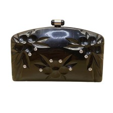 Vintage Women s Black Acrylic Floral Embellished Snap Closure Evening Clutch
