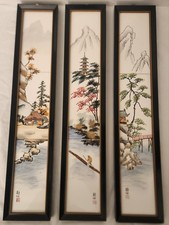 TILES ART , VINTAGE JAPANESE    ARTIST STAMP VIVID COLORS SIGNED 3 PANALS