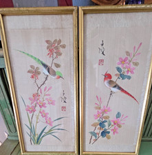 Chinese Hand-painted Silk Birds Framed Set of 2 