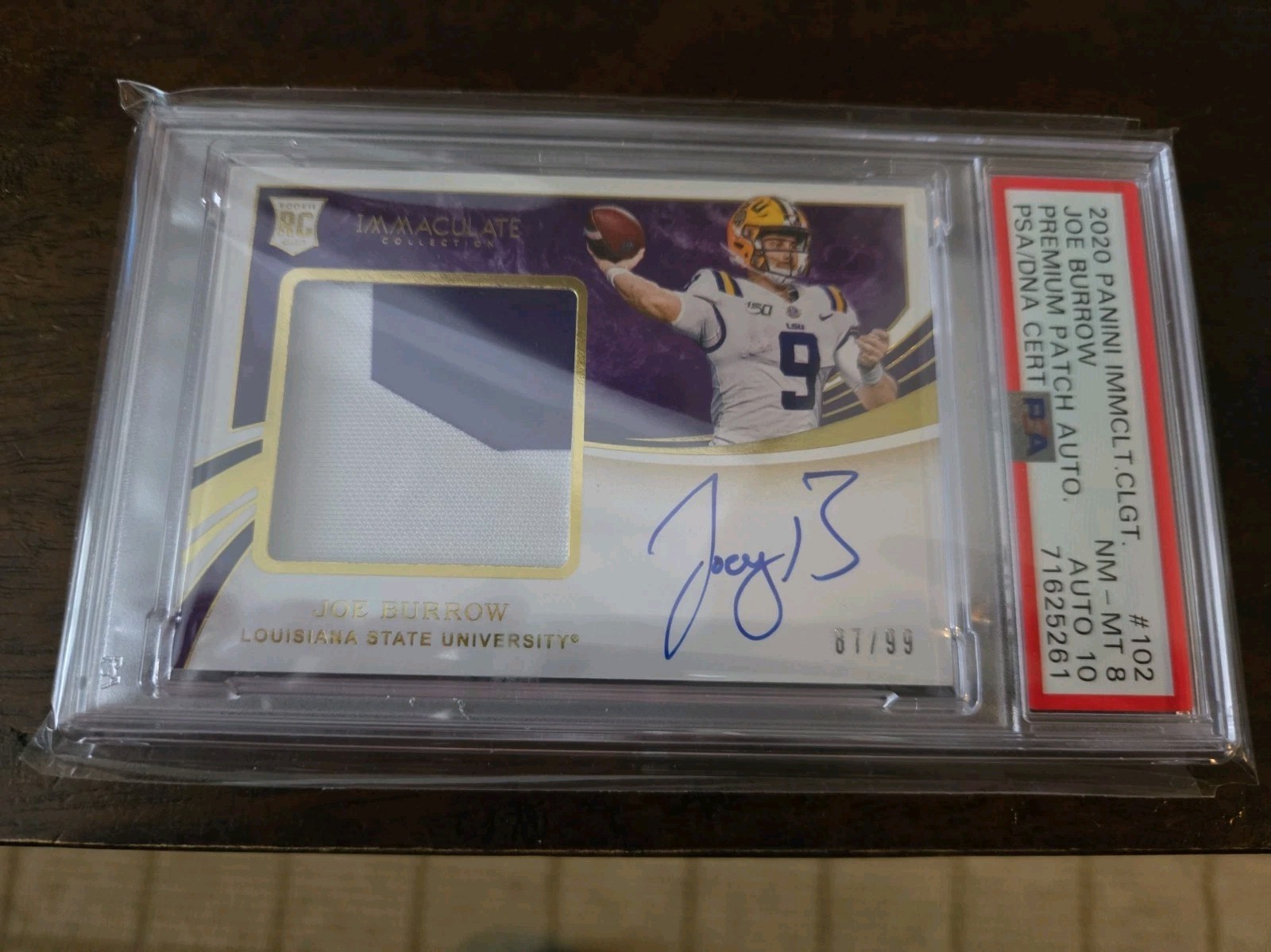 2020 Immaculate Collection Collegiate Joe Burrow Rookie Patch Auto / 99 PSA 