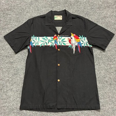 Paradise Found Hawaiian Button Up Shirt Mens Black Parrot Panel Chest Size 40''