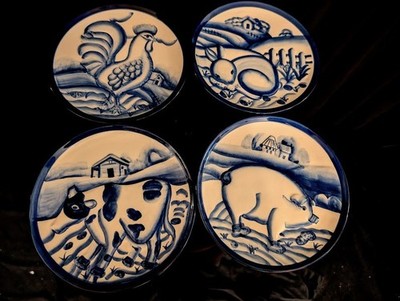 Unbranded, Blue and White, 3D, Farm Animal Porcelain Plates, M.A. Hadley Style