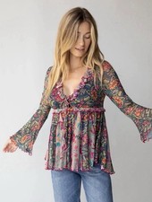NWOT Natural Life Floral Sierra Ruffle Tie-Front Top Mesh Flowy Boho Hippie M