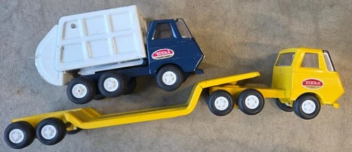 Vintage Tonka Garbage Truck and Lowboy Flat Bed Trailer Truck lot of 2