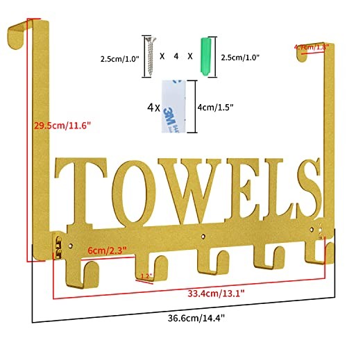 Over The Door Hooks, Towel Holder for Bathroom, Door Mount Towel 5 Hooks Gold - Picture 5 of 5