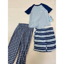 Cat Jack Boys 3pc Pajama Set Blue Plaid Striped Shirt Pants Shorts XS 4/5 NEW