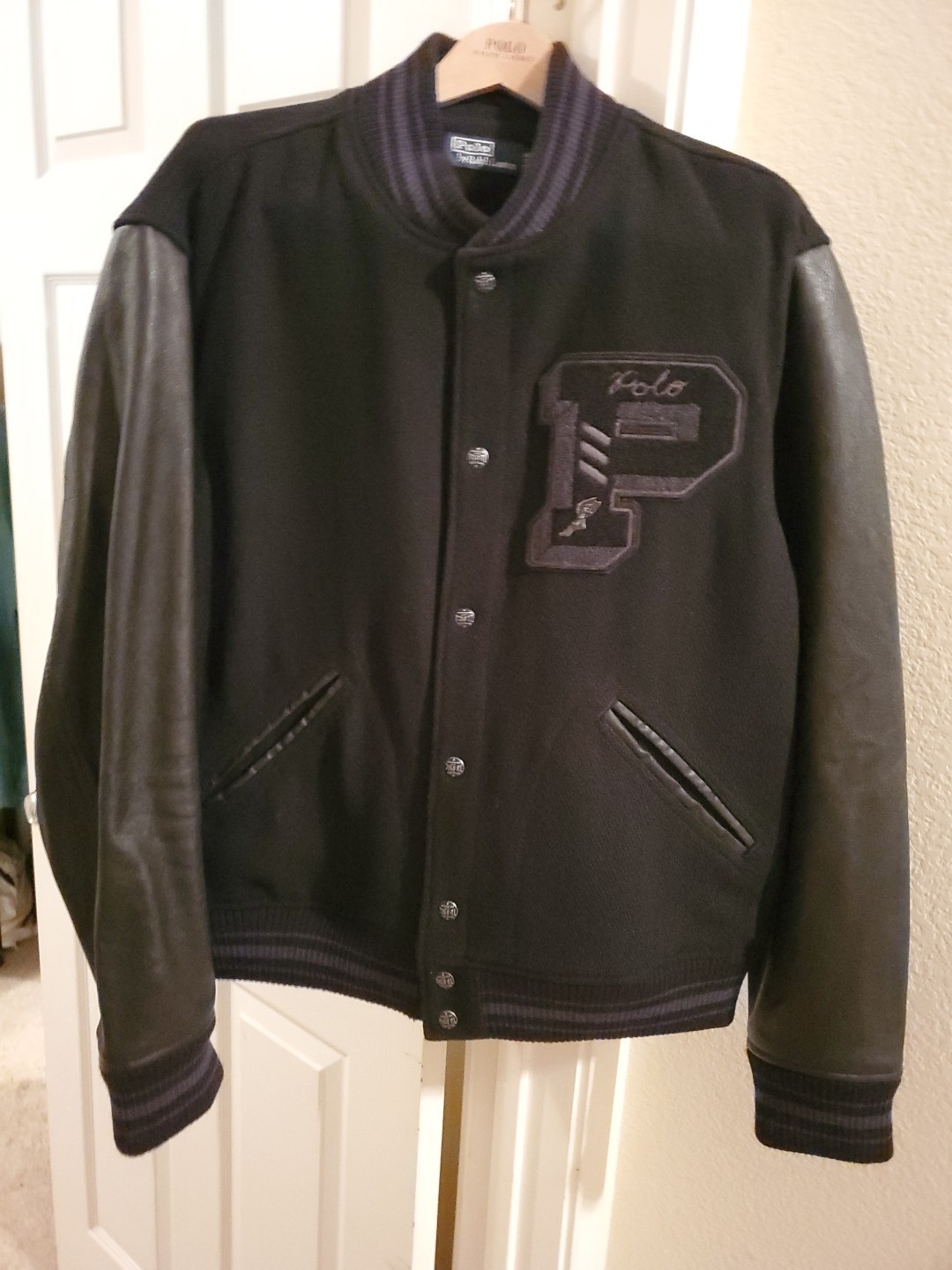 POLO RALPH LAUREN Black Iconic P Patch Wool Blend & Leather Letterman Jacket XXL