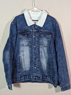 NWT JEANIUS AKADEMIKS SHEARLING STONE WASH DENIM PAINTED KING LOGO JACKET XL