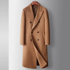 Men Long Coats Business Wool Windbreaker Double-breasted Casual Woolen Warm Coat