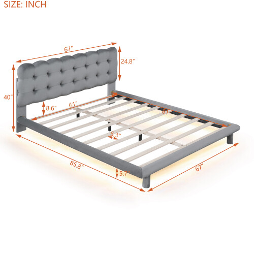 Queen Size Velvet Platform Bed with LED Frame, Thick & Soft Fabric and Button-tu - Picture 2 of 18