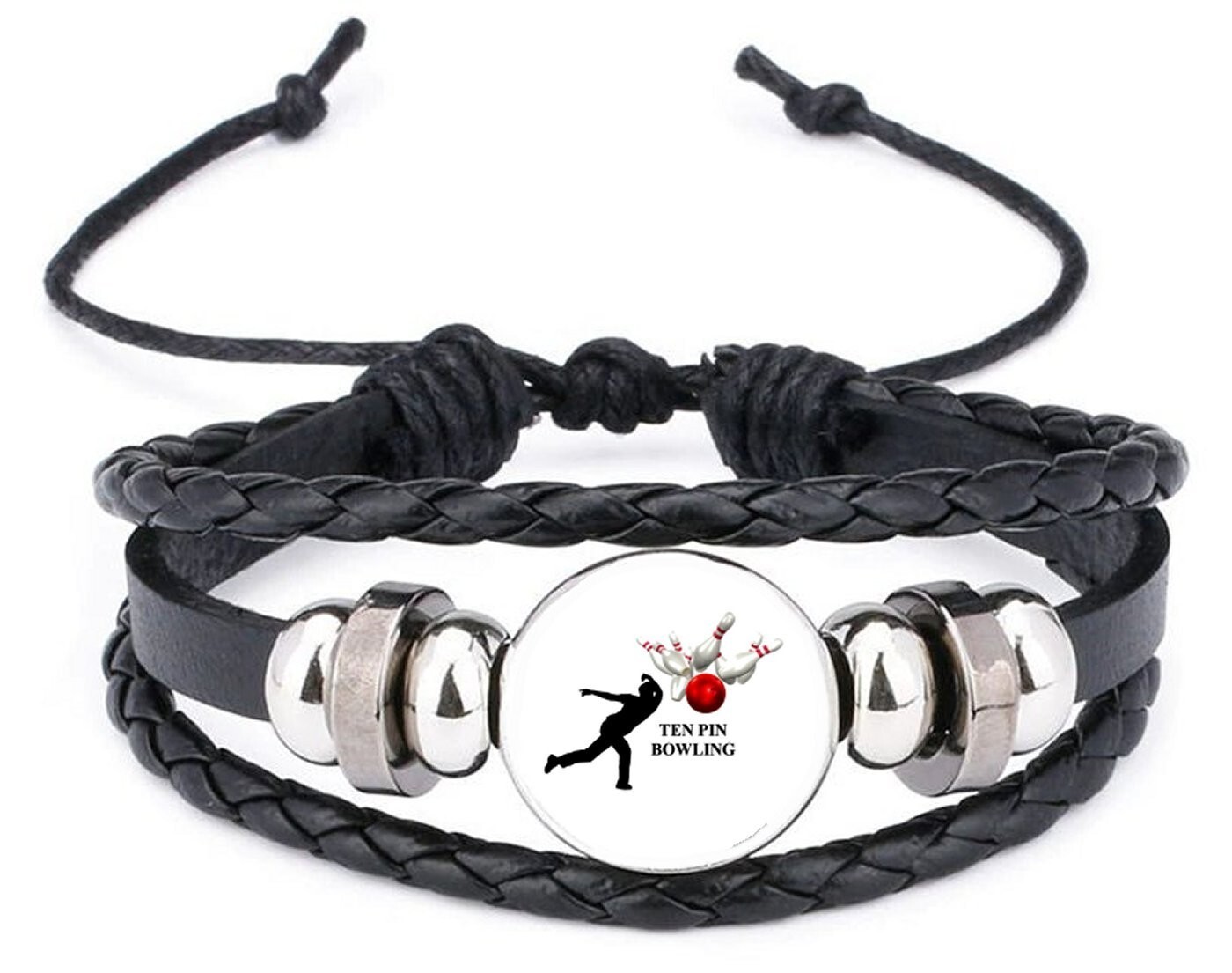 Ten Pin Bowling Male Sport Black Leather Bracelet And Velvet Gift Bag