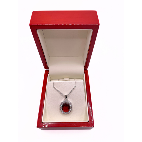 WHITE GOLD FINISH Created Diamond Red Ruby Oval Cut Cluster Pendant Necklace - Picture 2 of 4