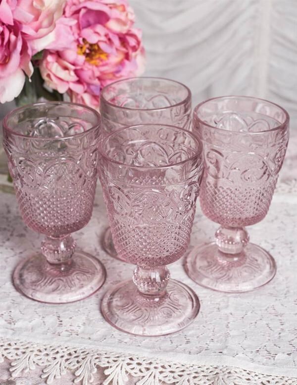 Victorian Trading Co 4 Depression Cut Glass Pink Goblets Glasses 6oz