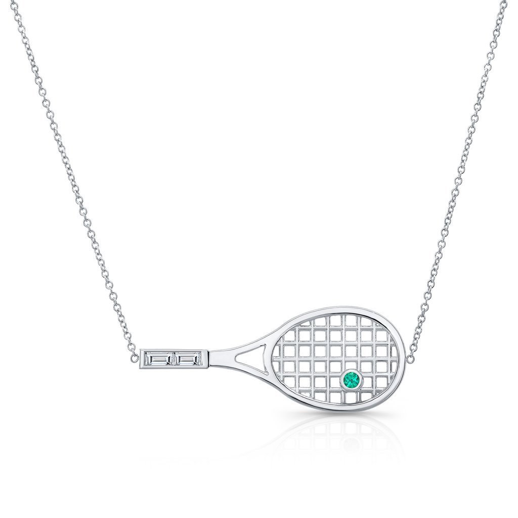 0.5Ct Lab-Created Green Emerald Tennis Racket Pendant Chain 9k White Gold Plated