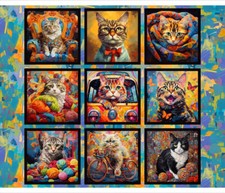 Cat Animal Fabric 36" X44" Panel Purrfectly Playful Cats Scenes Cotton 3 Wishes