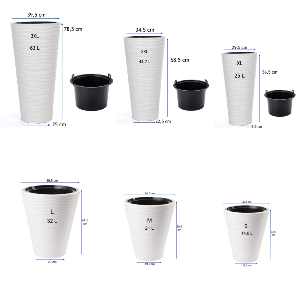 Hoher Pflanzkübel Slim Rund mit Einsatz – Wellen-Dekor, Kunststoff, bis 79 cm - Bild 3 von 4