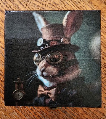 Rabbit Steam Punk Hand Decorated Small Wooden Trinket Box Alice in Wonderland