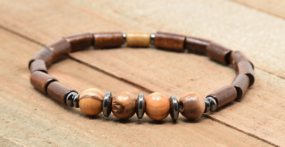 Genuine 8.5mm Holy Land Olive Wood & Hematite Beaded Men's/Unisex Bracelet