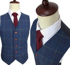 Blue Mens Premium Wool Blend Tweed Herringbone Check Plaid Waistcoat Suits Vest