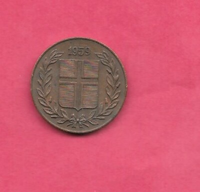 ICELAND KM9 1959 XF EXTREMELY FINE NICE VINTAGE OLD BRONZE 5 AURAR COIN