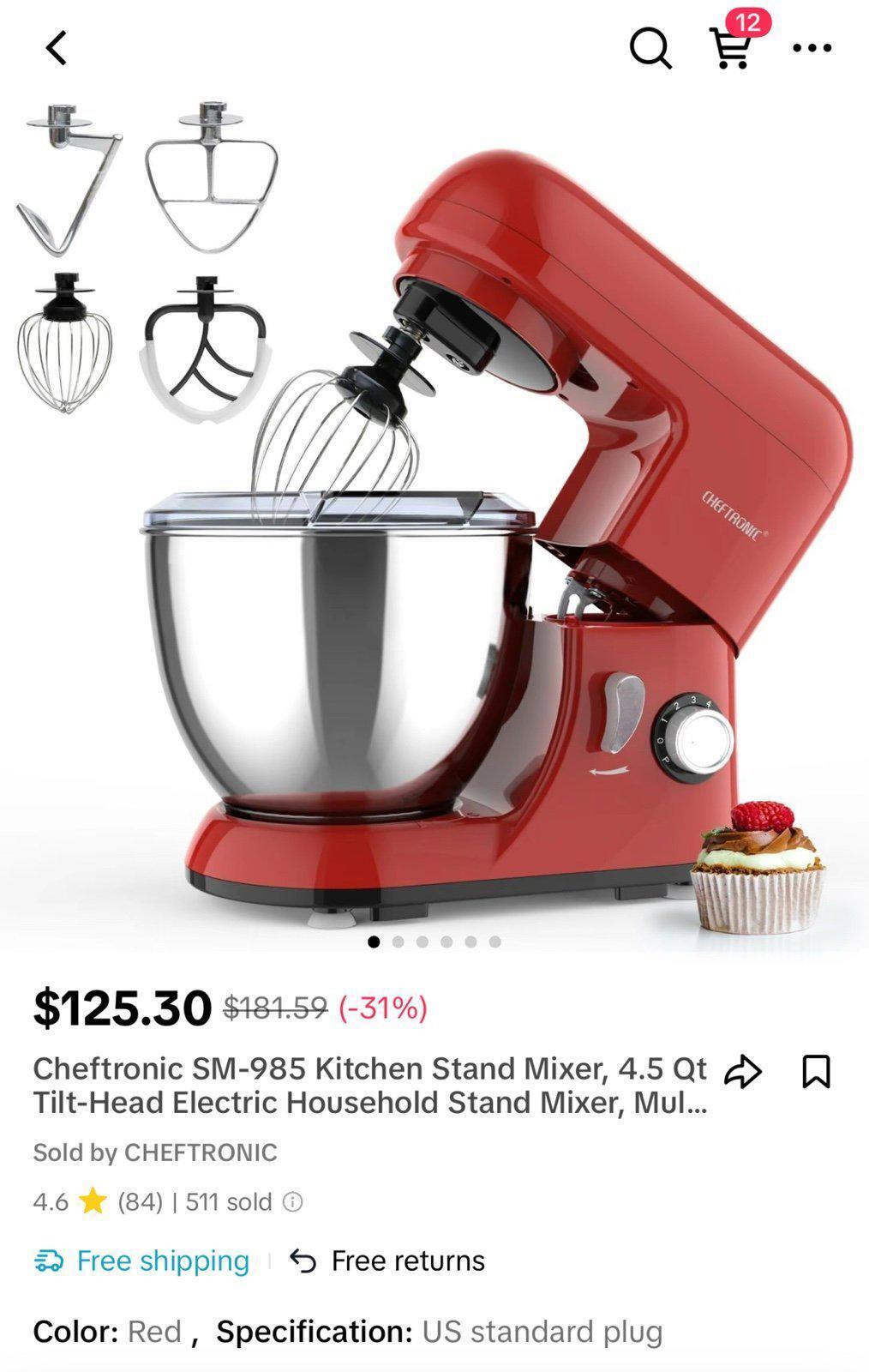 4.5 Qt Tilt-Head Stand Mixer by Cheftronic 1000W for Home Baking