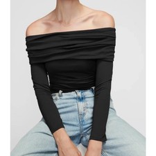 NATION LTD Abana Draped Off the Shoulder Long Sleeve Top Jet Black Jersey XL NWT